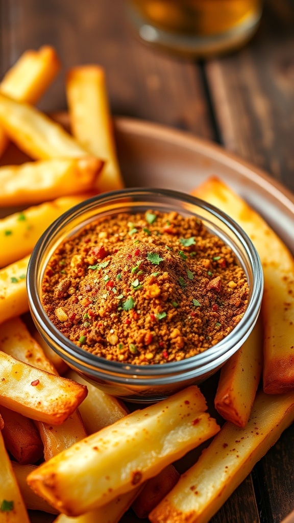 A bowl of Cajun fries seasoning with fresh-cut fries, highlighting the colorful spices on a wooden table.